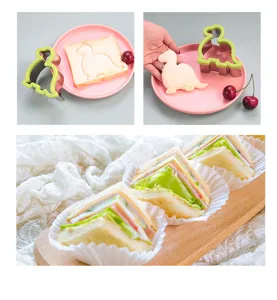 Stainless steel cartoon dinosaur sandwich cutter mold detail showing easy bread shaping step.