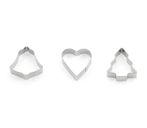 Stainless steel cookie cutter detail view showing bell heart and tree baking shapes.