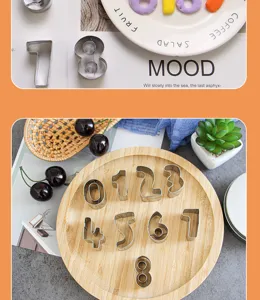 Stainless steel digital cookie cutter set detail view showing number molds on tray.