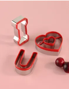 Stainless steel cookie cutter set with red PVC edge for Valentine's Day DIY cake baking tool.