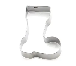 Stainless steel Christmas stocking cookie cutter for holiday baking and cake decorating crafts.