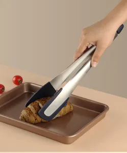 Stainless steel food tongs with silicone tips for kitchen bread steak and salad serving tool