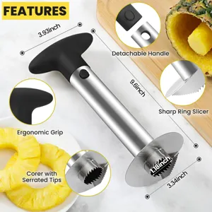 Cortador y descorazonador de piña de acero inoxidable con mango desmontable y agarre cómodo.