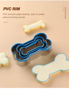 Stainless steel dog bone cookie cutters set with PVC edge for DIY baking, durable metal mold.