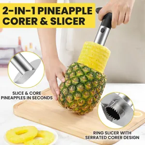 Cortador y descorazonador de piña 2 en 1 de acero inoxidable con hoja dentada para cocina rápida.