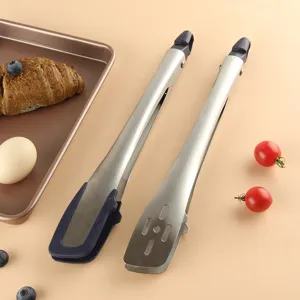 Stainless steel 11-inch kitchen food tongs set with silicone handle for bread, steak and salad.