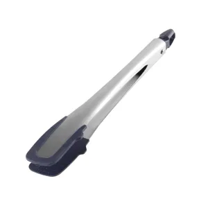 Stainless steel 11 inch kitchen food tong with blue silicone grip for cooking and serving.