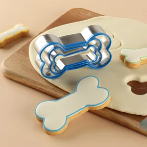 Stainless Steel Dog Bone Cookie Cutter Set Metal Biscuit Mold with Blue Protective Rim for DIY Baking Pastry Kitchen Tools