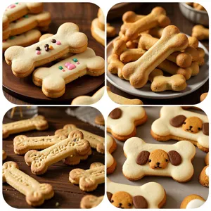 Dog bone shaped cookies and biscuits display in collage style, perfect for cute pet snacks.