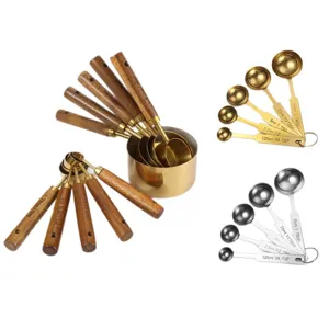 Stainless steel measuring cups and spoons set with wooden handles for baking and kitchen use.