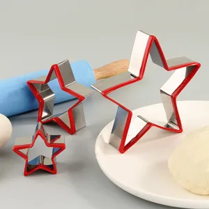 Stainless steel star cookie cutter set 3 pieces, red rim metal baking mold for DIY pastry.