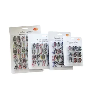 Stainless steel letter and number cookie cutter set, perfect for baking and fondant decorating.
