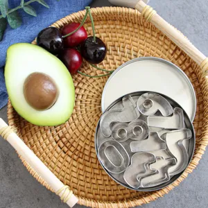 Stainless steel number cookie cutter set with tin box for baking and cake decorating.