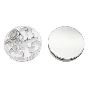 Stainless steel number cookie cutter set with storage tin for baking and fondant.