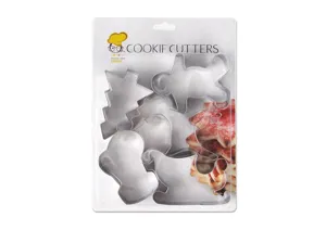 Stainless steel 5-piece Christmas cookie cutter set with gingerbread man and sleigh for baking.