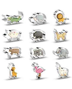 12-piece animal cookie cutter set featuring cute cartoon designs for baking homemade cookies.