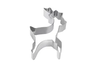 Stainless steel reindeer cookie cutter detail, premium metal baking tool for Christmas biscuits.