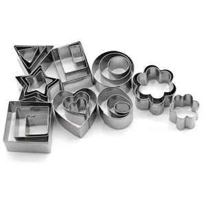 Stainless steel cookie cutter set, multi-shape metal baking molds for DIY pastry making.