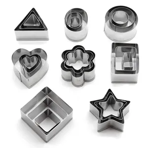 Stainless steel cookie cutters set, nested geometric shapes for baking, DIY pastry biscuit molds.
