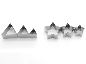 Stainless steel triangle and star cookie cutters baking molds set detail view presentation.