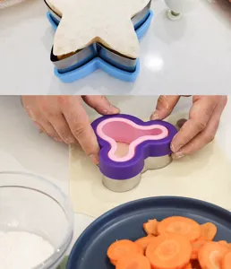 Stainless steel sandwich cutter set, biscuit mold, kitchen baking tool for vegetable fruit shaping.