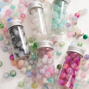 Colorful crackle glass beads in clear bottles for DIY jewelry making and bracelet crafting.