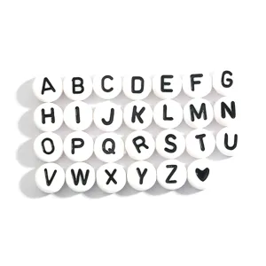 Acrylic Letter Beads Flat Round White Beads Black Letters DIY Craft Jewelry Making Accessories For Bracelets Necklaces