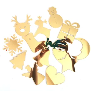 Gold mirror acrylic Christmas tree snowflake snowman pendant decoration detail view close-up