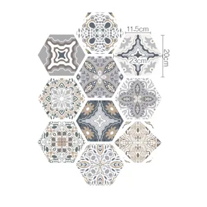 Detalle de las dimensiones del adhesivo de azulejos hexagonales con especificaciones.