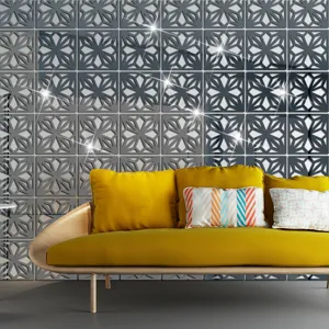 Living room scene detail featuring modern 3d geometric mirror acrylic wall sticker decor.