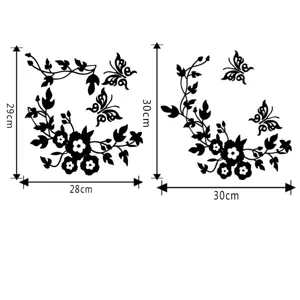 Detalle de pegatina de pared de vid de flores y mariposas negras con medidas 29x28cm y 30x30cm.