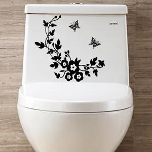 Adhesivo de inodoro de vid de flores negras y mariposa calcomanía de pared hogar