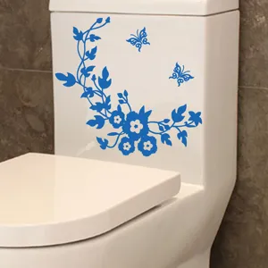 Adhesivo de bano mariposa flor azul, calcomania de pared de PVC impermeable para decoracion.