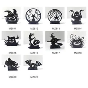 Halloween black acrylic silhouette tabletop ornament set with stand, spooky party decor items.