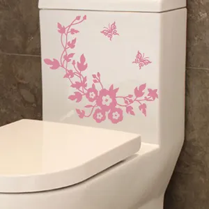 Adhesivo de inodoro mariposa rosa vid de flores calcomanía de pared extraíble detalle