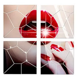 Acrylic mirror wall sticker, 4-piece square red lips pattern for modern home bathroom decor.