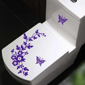 Adhesivo de mariposa y flor morada para inodoro calcomania decorativa de bano extraible hogar