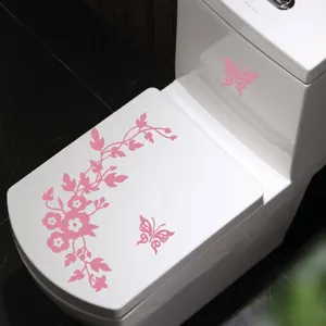 Hermoso adhesivo de bano con mariposa rosa y flores, calcomania impermeable para inodoro