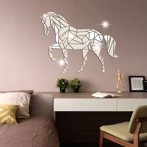 Geometric acrylic mirror horse wall sticker detail view, modern home decor scene display.