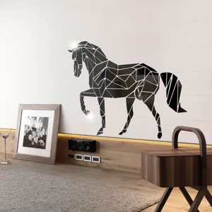 Geometric 3D acrylic mirror horse wall sticker, modern DIY art decor for living room wall.