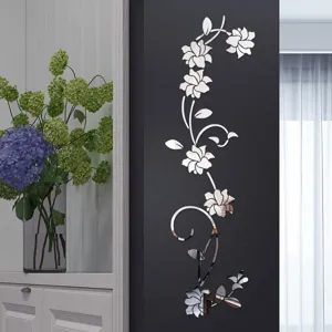 Acryl Blumen Ranken Spiegel Wandaufkleber 3D Deko Aufkleber fuer Wohnzimmer Schlafzimmer.