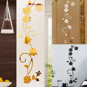 Acryl Spiegel Blumen Ranke Wandaufkleber Detailansicht in Gold, Silber und Schwarz Farben.