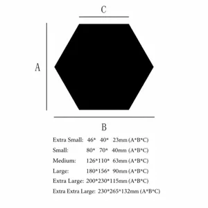 Hexagonal acrylic mirror wall sticker size chart showing multiple sizes from XS to XXL.