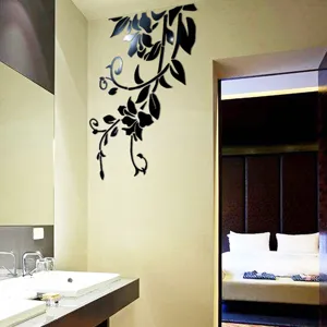 Sticker mural miroir acrylique noir motif fleur vigne 3D art deco pour chambre et salon decoration