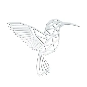 Detailierte Nahaufnahme der reflektierenden silbernen Acryl geometrischen Kolibri Wandaufkleber.
