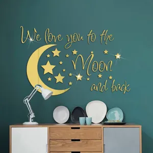 Gold acrylic mirror moon star wall sticker with quote for kids room decor and home interior.