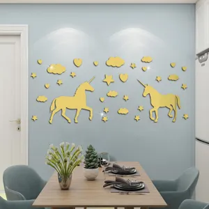 DIY Unicornio Espejo Acrílico Pegatinas de Pared 3D Dibujos Animados Calcomanías de Pared Desmontables Arte Mural para Habitación Infantil Dormitorio