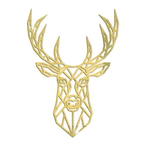 Nahaufnahme des goldenen geometrischen Hirschkopf Acryl Wandaufklebers für die Dekoration.
