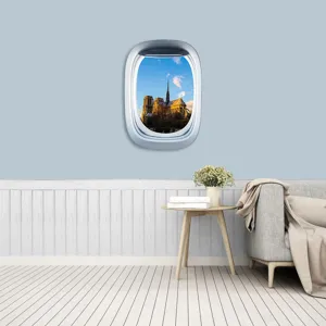 Detail view of 3D airplane window wall sticker featuring landmark scenery for room decor.