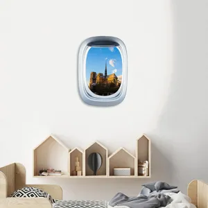 Detail shot of the 3D airplane window wall sticker featuring Paris landmark scenery, ideal for room.